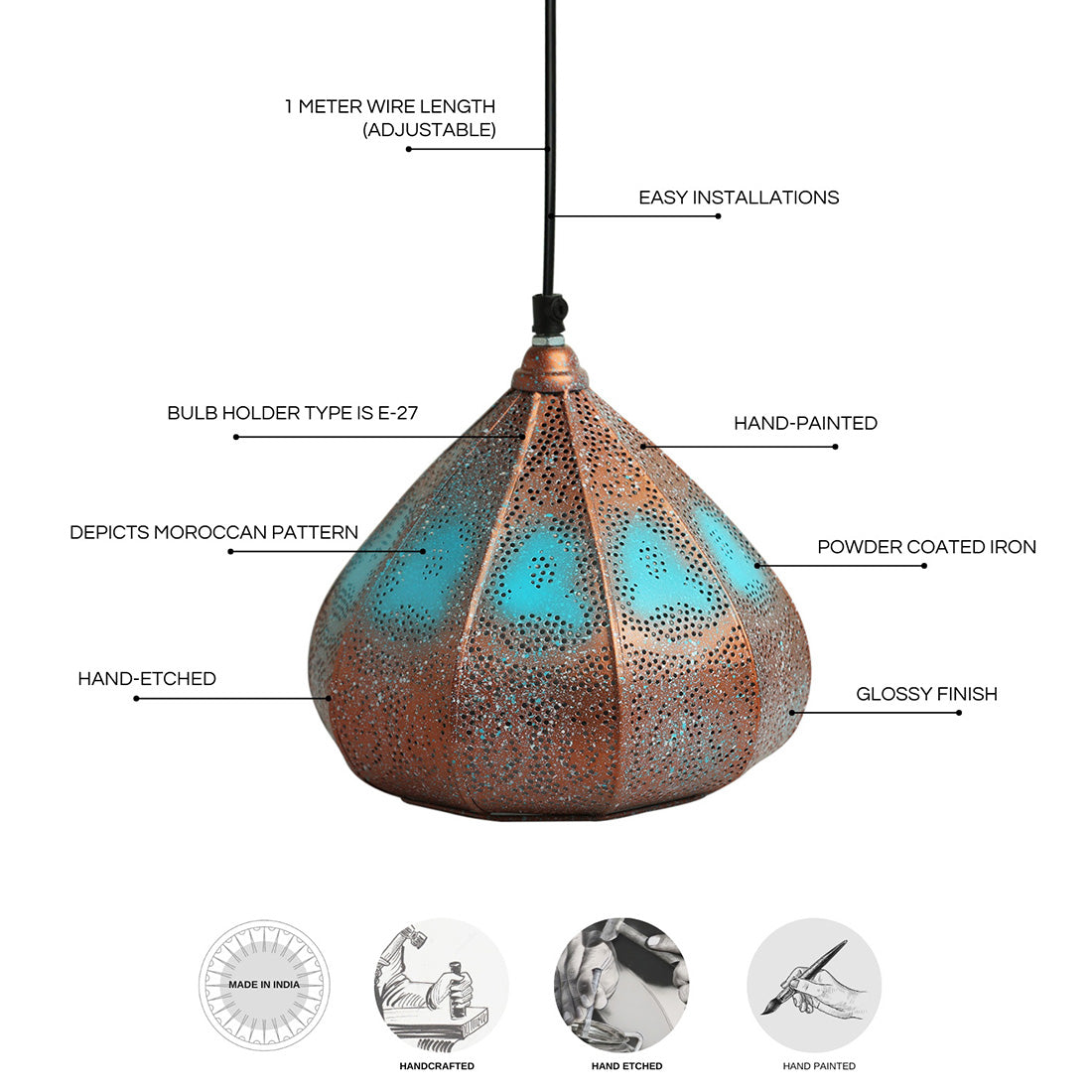 Moroccan Rustic' Hand-Etched Hanging Pendant Lamp Shade (8.6 Inches, Iron, Glossy Finish)