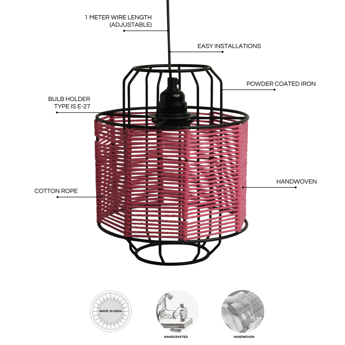 Cotton Weaved' Hanging Pendant Lamp Shade (10.2 Inches, Iron & Cotton Rope, Handwoven)