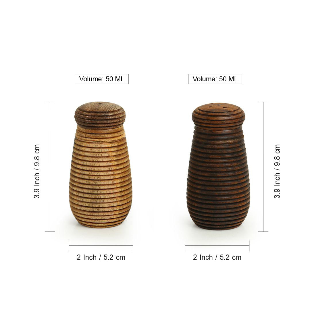 'Ripples of Wood' Handcrafted Salt & Pepper Shakers In Mango & Sheesham Wood (Set of 2, 50 ML)