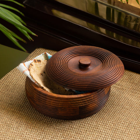 'Ripples of Wood' Handcrafted Chapati Box With Lid In Sheesham Wood (1350 ML)