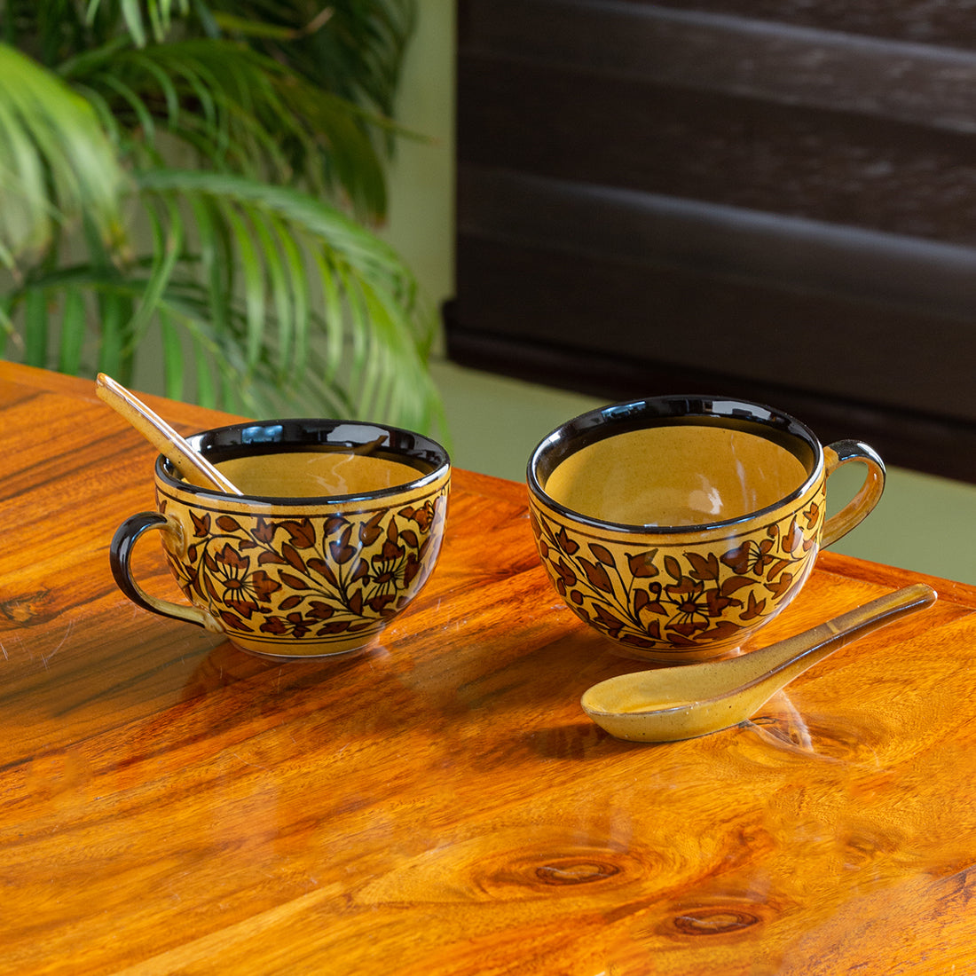 'Mughal Floral' Hand-painted Ceramic Soup Bowls With Spoons (Set Of 2, 380 ML, Microwave Safe)