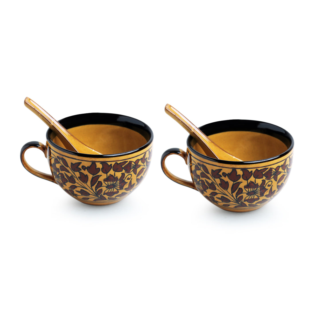 'Mughal Floral' Hand-painted Ceramic Soup Bowls With Spoons (Set Of 2, 380 ML, Microwave Safe)