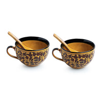 'Mughal Floral' Hand-painted Ceramic Soup Bowls With Spoons (Set Of 2, 380 ML, Microwave Safe)