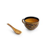 'Mughal Floral' Hand-painted Ceramic Soup Bowls With Spoons (Set Of 2, 380 ML, Microwave Safe)