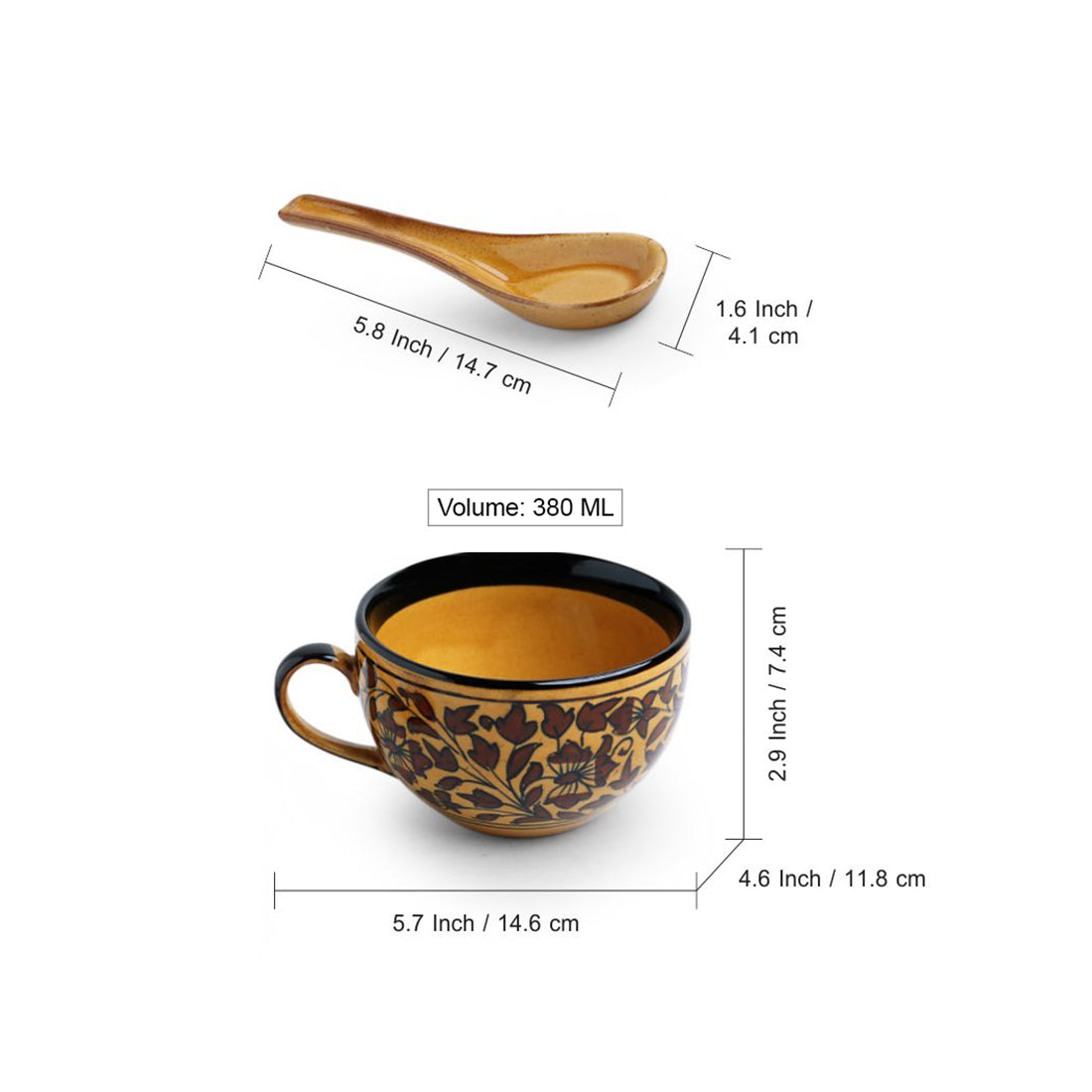 'Mughal Floral' Hand-painted Ceramic Soup Bowls With Spoons (Set Of 2, 380 ML, Microwave Safe)