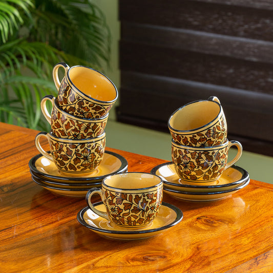 MP_EL-005-1179  'Mughal Floral' Hand-painted Ceramic Coffee & Tea Cups With Saucers (Set of 6, 160 ML, Microwave Safe)