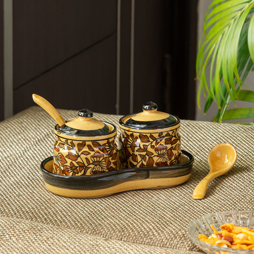 Ceramic Chutney & Pickle Jar Set With Tray