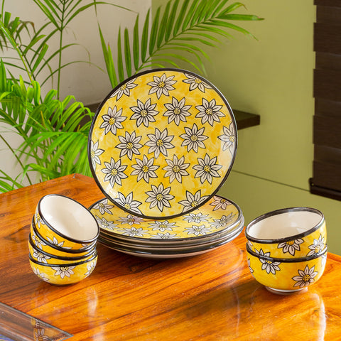 Californian Sunflowers' Hand-Painted Ceramic Dinner Plates, Serving Bowls & Dinner Katoris (10 Pieces, Serving for 4)