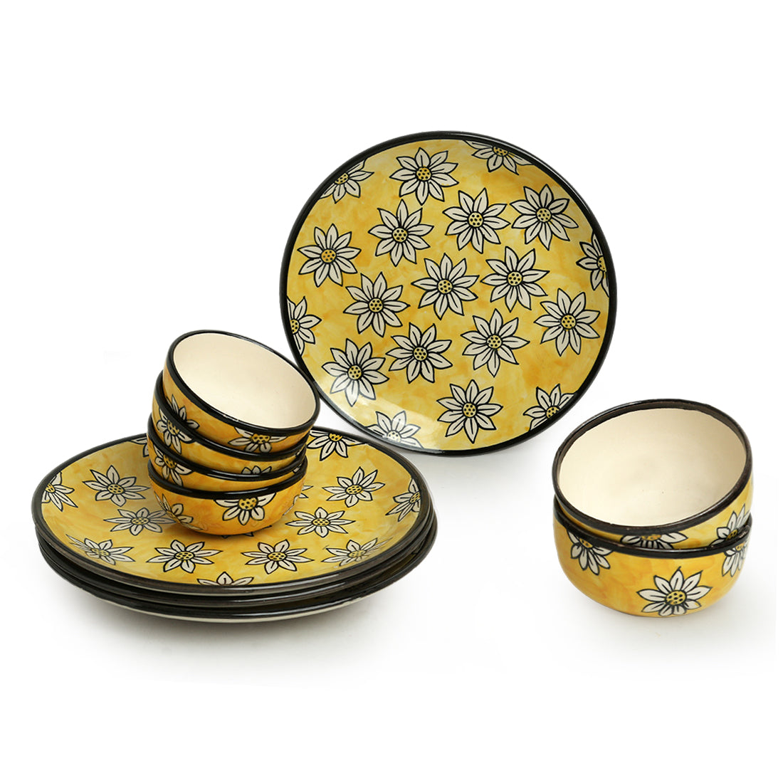 Californian Sunflowers' Hand-Painted Ceramic Dinner Plates, Serving Bowls & Dinner Katoris (10 Pieces, Serving for 4)