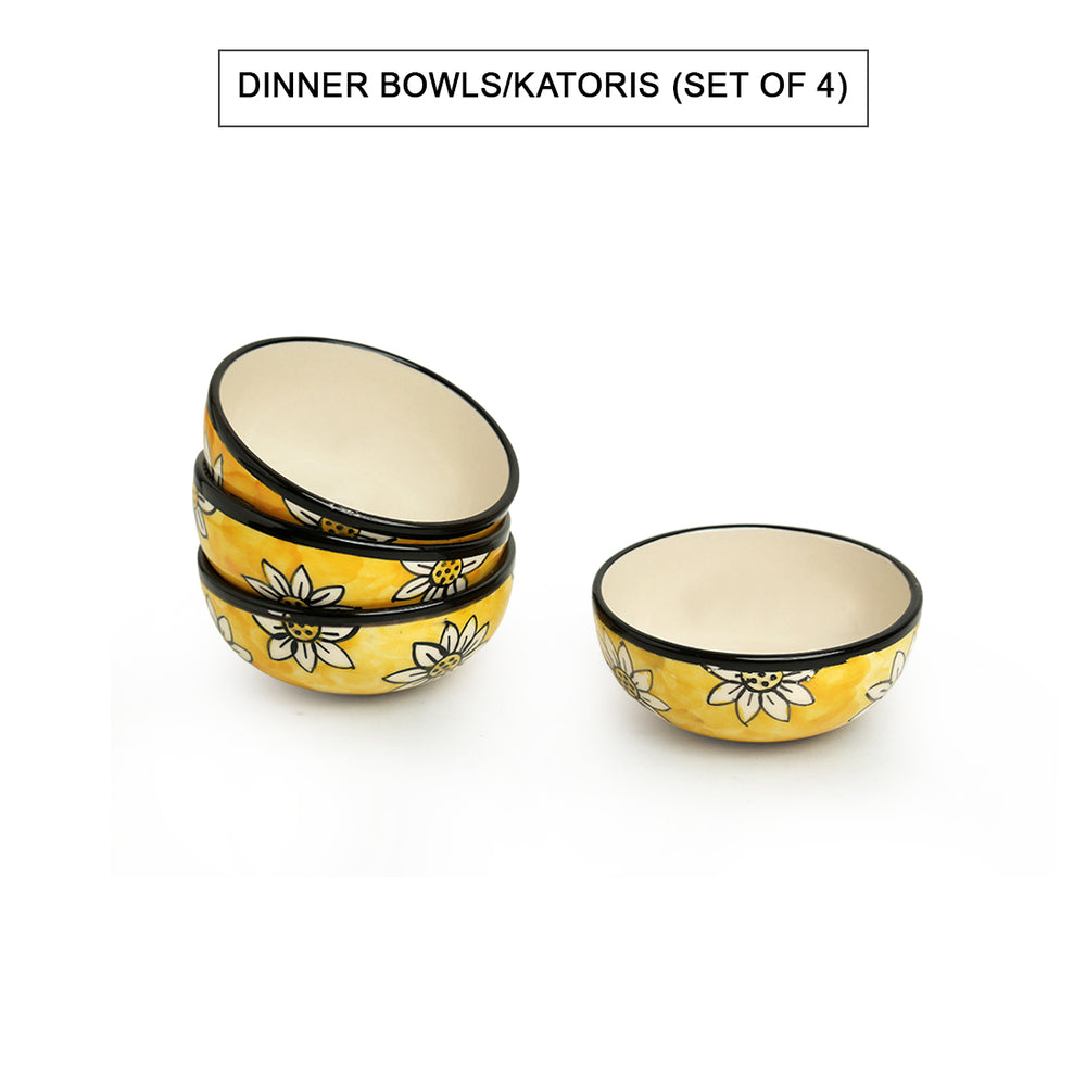 Californian Sunflowers' Hand-Painted Ceramic Dinner Plates, Serving Bowls & Dinner Katoris (10 Pieces, Serving for 4)