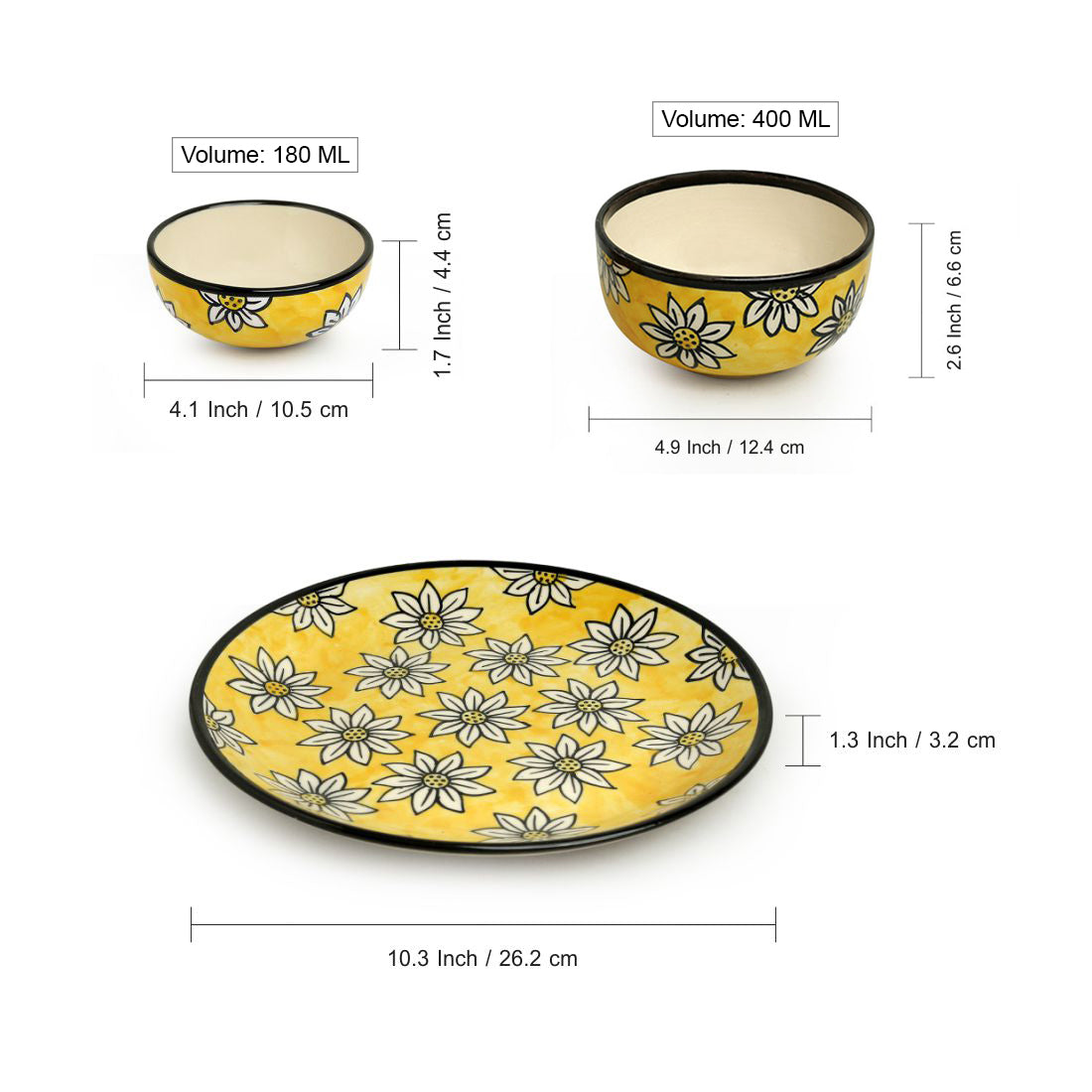 Californian Sunflowers' Hand-Painted Ceramic Dinner Plates, Serving Bowls & Dinner Katoris (10 Pieces, Serving for 4)