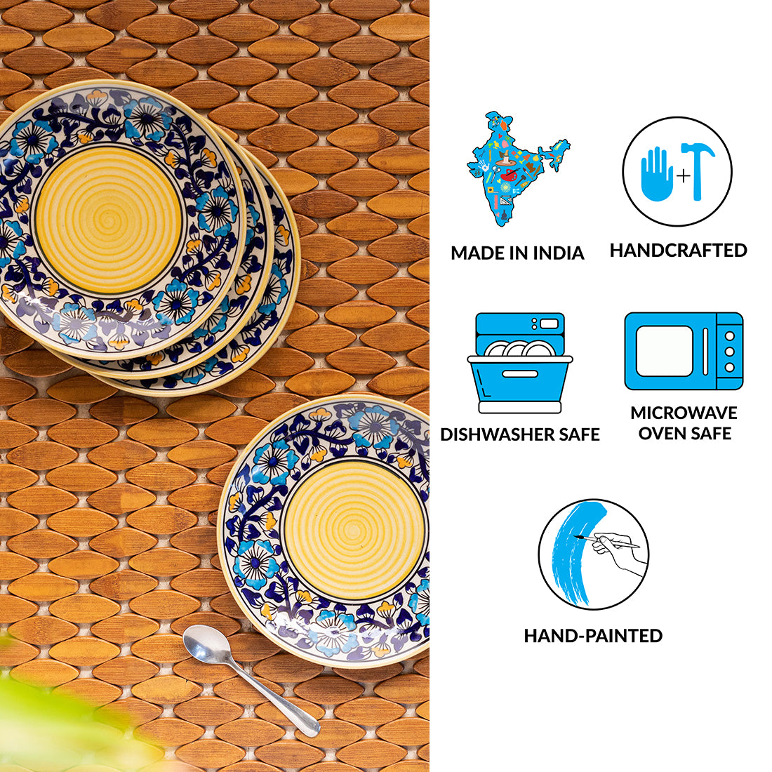 Badamwari Bagheecha' Hand-Painted Ceramic Side/Quarter Plates (Set of 4, Microwave Safe)