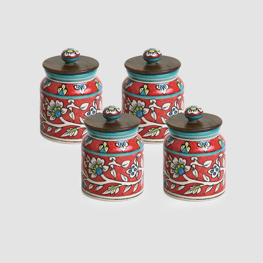 Hand-Painted Floral Ceramic Storage Jars And Containers (Set of 4, Airtight, 410 ML)