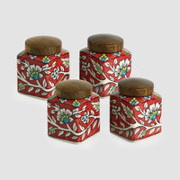 Mughal Cuboidal Pair Floral Ceramic Kitchen Storage Jars Containers (Set of 4, Airtight, 240 ML)