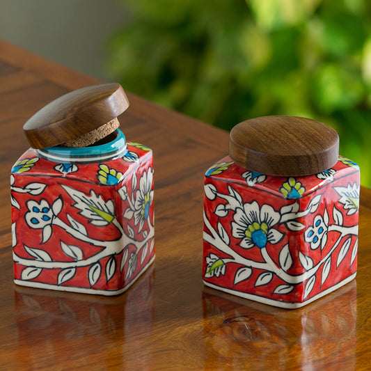 Mughal Cuboidal Pair Floral Ceramic Kitchen Storage Jars Containers (Set of 4, Airtight, 240 ML)