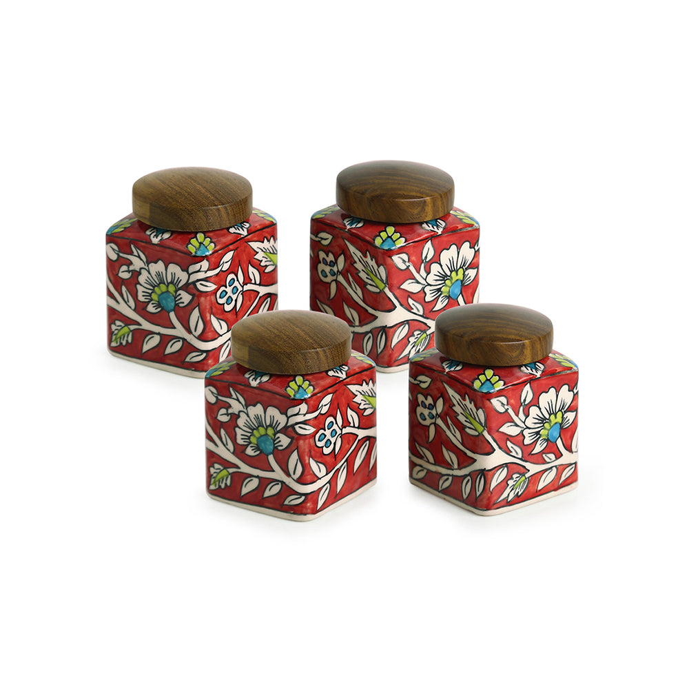 Mughal Cuboidal Pair Floral Ceramic Kitchen Storage Jars Containers (Set of 4, Airtight, 240 ML)