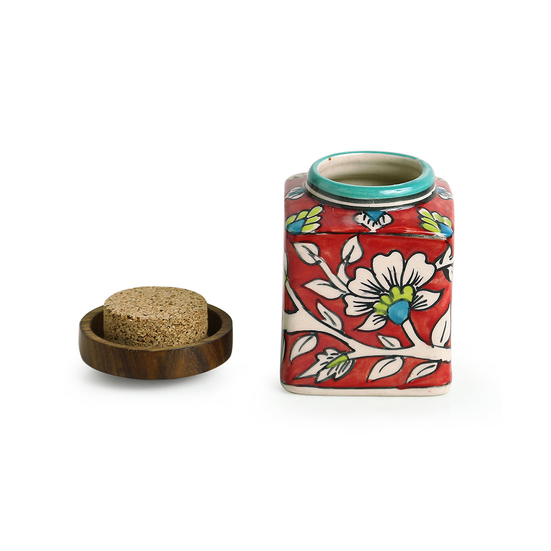 Mughal Cuboidal Pair Floral Ceramic Kitchen Storage Jars Containers (Set of 4, Airtight, 240 ML)