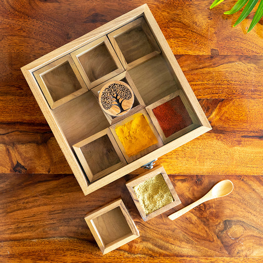 'Tree of Life' Handcrafted Spice Box With Spoon In Teak Wood (9 Containers, 55 ml)
