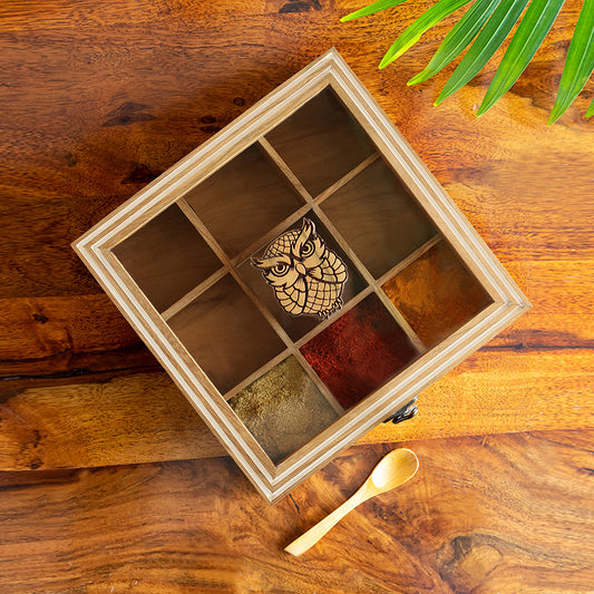 'Mystic Owl' Hand-Engraved Spice Box With Spoon In Teak Wood (9 Fixed Partitions, 110 ml)