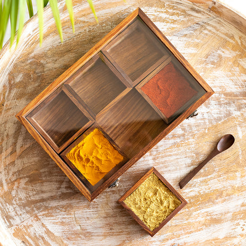 'Masala Blends' Handcrafted Spice Box With Spoon In Sheesham Wood (6 Large Containers, 120 ml)