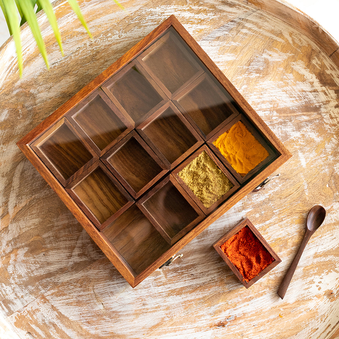 'Medley of Masalas' Handcrafted Spice Box With Spoon In Sheesham Wood (12 Containers, 80 ml)