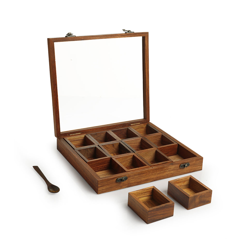 'Medley of Masalas' Handcrafted Spice Box With Spoon In Sheesham Wood (12 Containers, 80 ml)