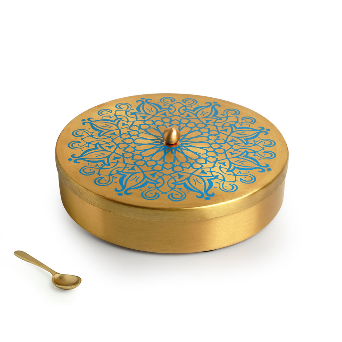 'Floral Hand-Etched' Handpainted Spice Box With Spoon In Brass (7 Containers, 110 ml)