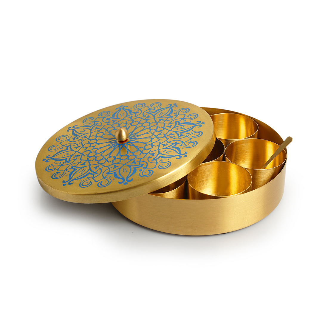 'Floral Hand-Etched' Handpainted Spice Box With Spoon In Brass (7 Containers, 110 ml)