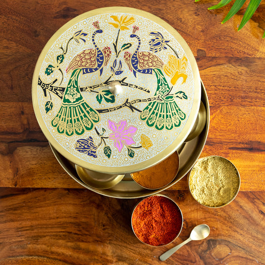 'Peacock Hand-Etched' Handpainted Spice Box With Spoon In Brass (7 Containers, 110 ml)