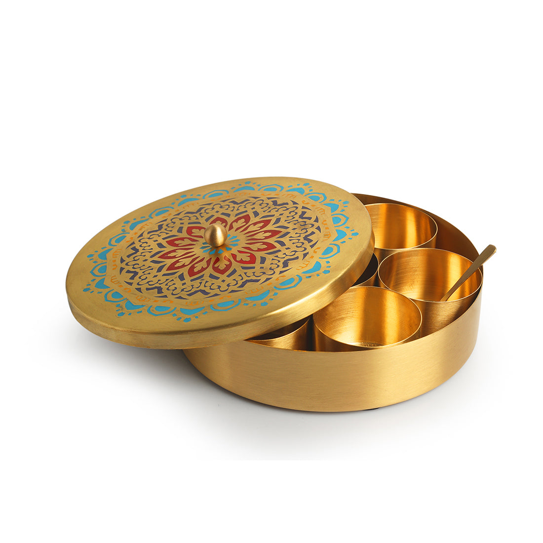 'Moroccan Hand-Etched' Handpainted Spice Box With Spoon In Brass (7 Containers, 110 ml)