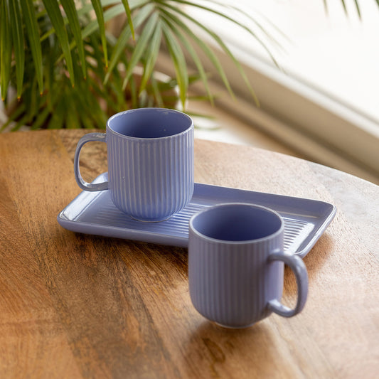 'Coral Reef' Glazed Studio Pottery Ceramic Tea & Coffee Mugs with Tray (Set of 2, 300 ml, Purple)