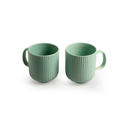 'Coral Reef' Glazed Studio Pottery Ceramic Tea & Coffee Mugs (Set of 2, 300 ml, Light Green)