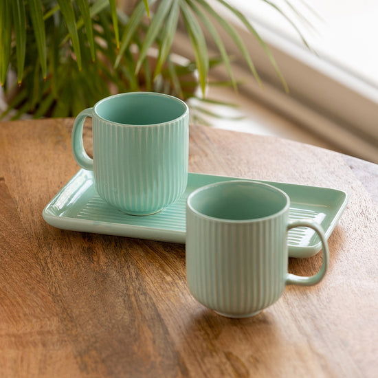 'Coral Reef' Glazed Studio Pottery Ceramic Tea & Coffee Mugs with Tray (Set of 2, 300 ml, Light Green)