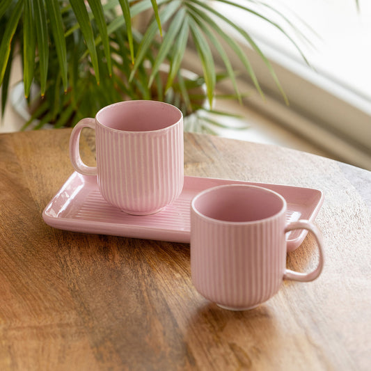 'Coral Reef' Glazed Studio Pottery Ceramic Tea & Coffee Mugs with Tray (Set of 2, 300 ml, Pink)