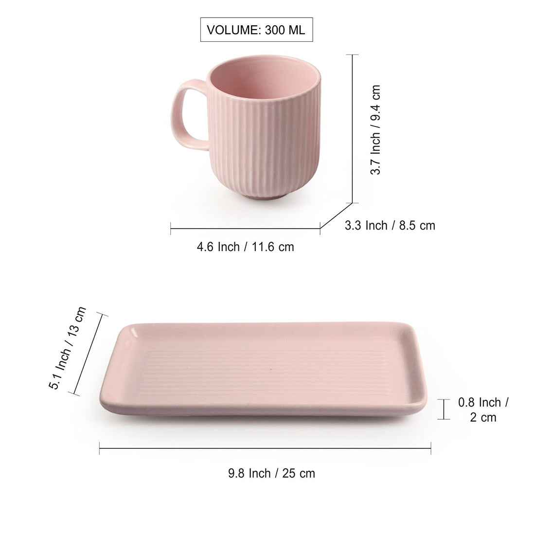 'Coral Reef' Glazed Studio Pottery Ceramic Tea & Coffee Mugs with Tray (Set of 2, 300 ml, Pink)