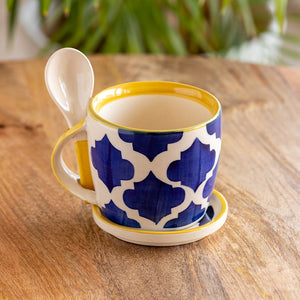 MP_EL-005-1640   'Moroccan' Hand-Painted Ceramic Soup & Coffee Mug With Coaster And Spoon (300 ml)