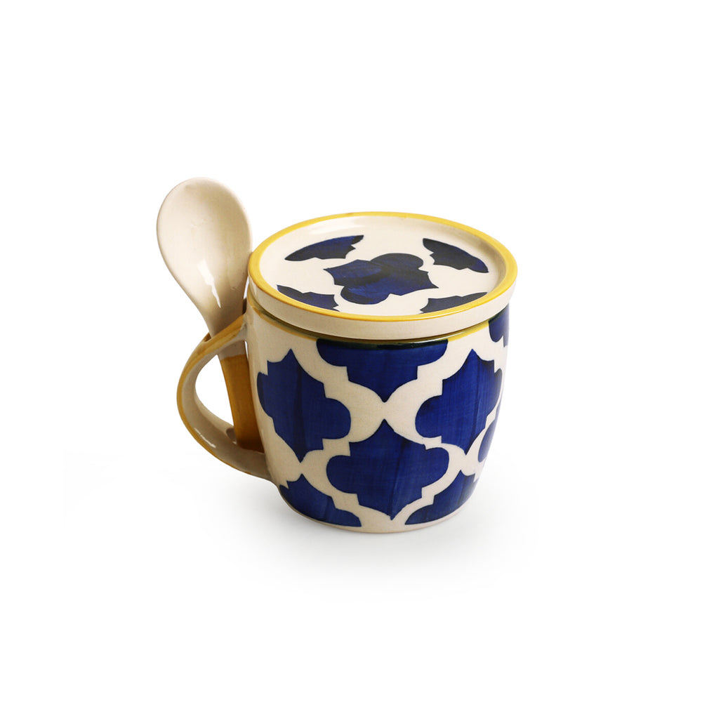 'Moroccan' Hand-Painted Ceramic Soup & Coffee Mug With Coaster And Spoon (300 ml)