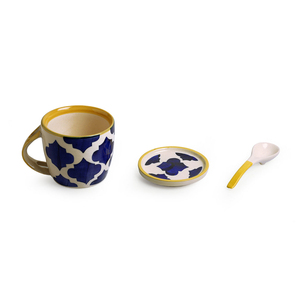 'Moroccan' Hand-Painted Ceramic Soup & Coffee Mug With Coaster And Spoon (300 ml)