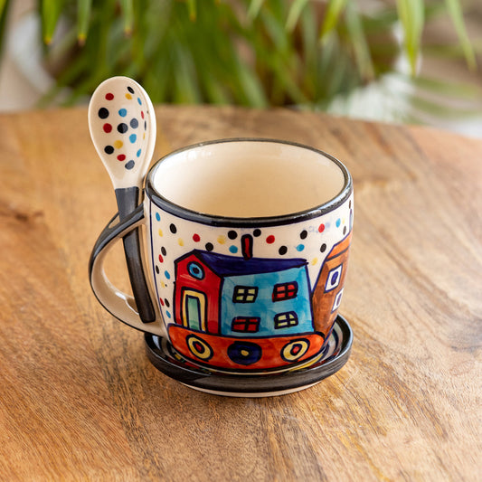 'The Hut Jumbo Cuppas' Hand-Painted Ceramic Soup & Coffee Mug With Coaster And Spoon (300 ml)