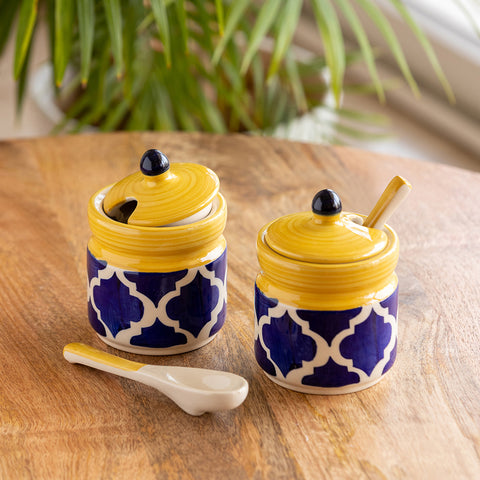 'Moroccan' Handpainted Ceramic Pickle & Chutney Jars With Spoons (Set Of 2)