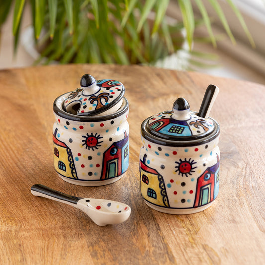 'Hut Handpainted' Ceramic Pickle & Chutney Jars With Spoons (Set Of 2)