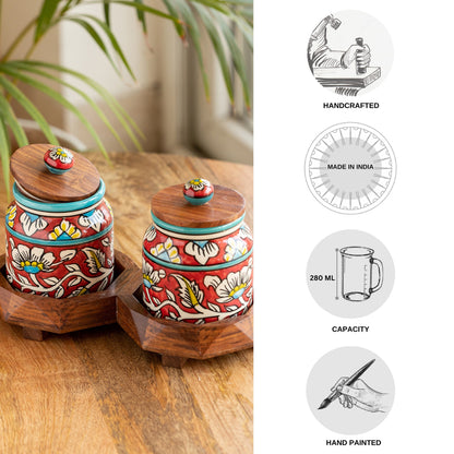 'Mughal Floral' Hand-Painted Ceramic Storage Jars & Containers with Tray (Set of 2, 440 ML)