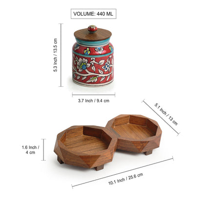 'Mughal Floral' Hand-Painted Ceramic Storage Jars & Containers with Tray (Set of 2, 440 ML)