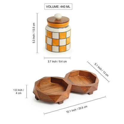 'Shatranj Checkered' Hand-Painted Ceramic Storage Jars & Containers with Tray (Set of 2, 440 ML)