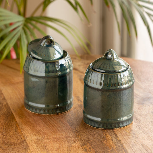 'Tomb Green' Hand Glazed Kitchen Storage Jars and Containers in Ceramic (Non Air-Tight, Set of 2, 660 ml)