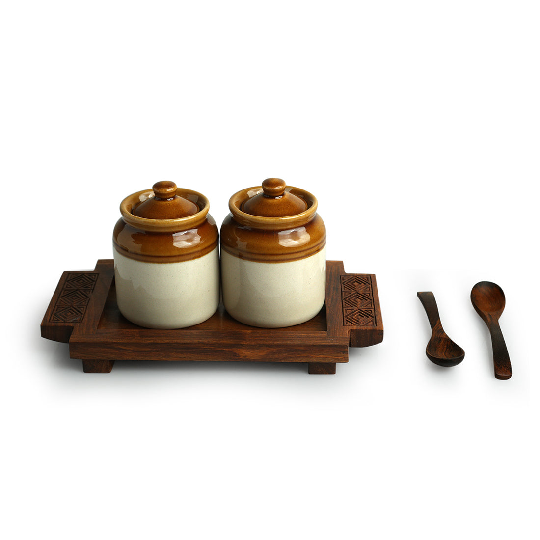 Diamond Geometric' Old Fashioned Martaban Ceramic Chutney & Pickle Jar Set With Sheesham Wooden Spoons & Tray (Non-Airtight)