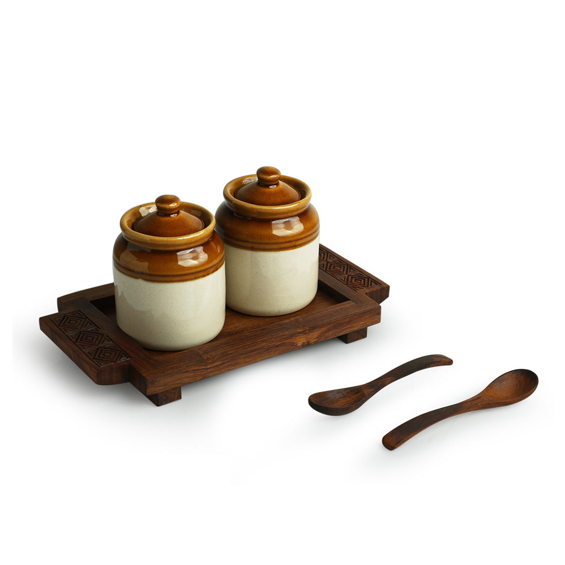 Diamond Geometric' Old Fashioned Martaban Ceramic Chutney & Pickle Jar Set With Sheesham Wooden Spoons & Tray (Non-Airtight)