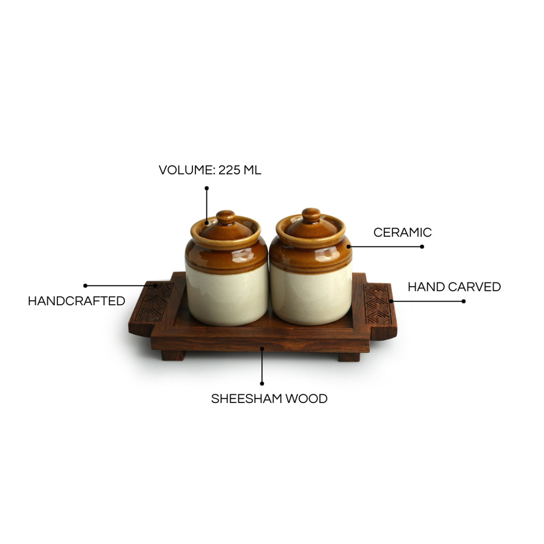 Diamond Geometric' Old Fashioned Martaban Ceramic Chutney & Pickle Jar Set With Sheesham Wooden Spoons & Tray (Non-Airtight)