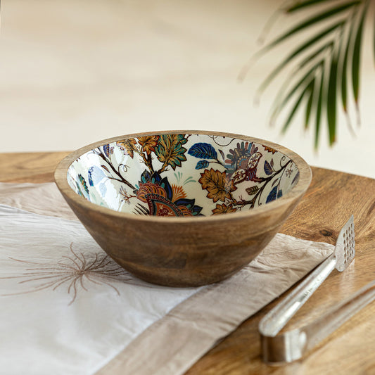 Floral Chronicles' Handenamelled Serving Salad Bowl (7.8 Inches, 700 ml, Mango Wood, Handcrafted)