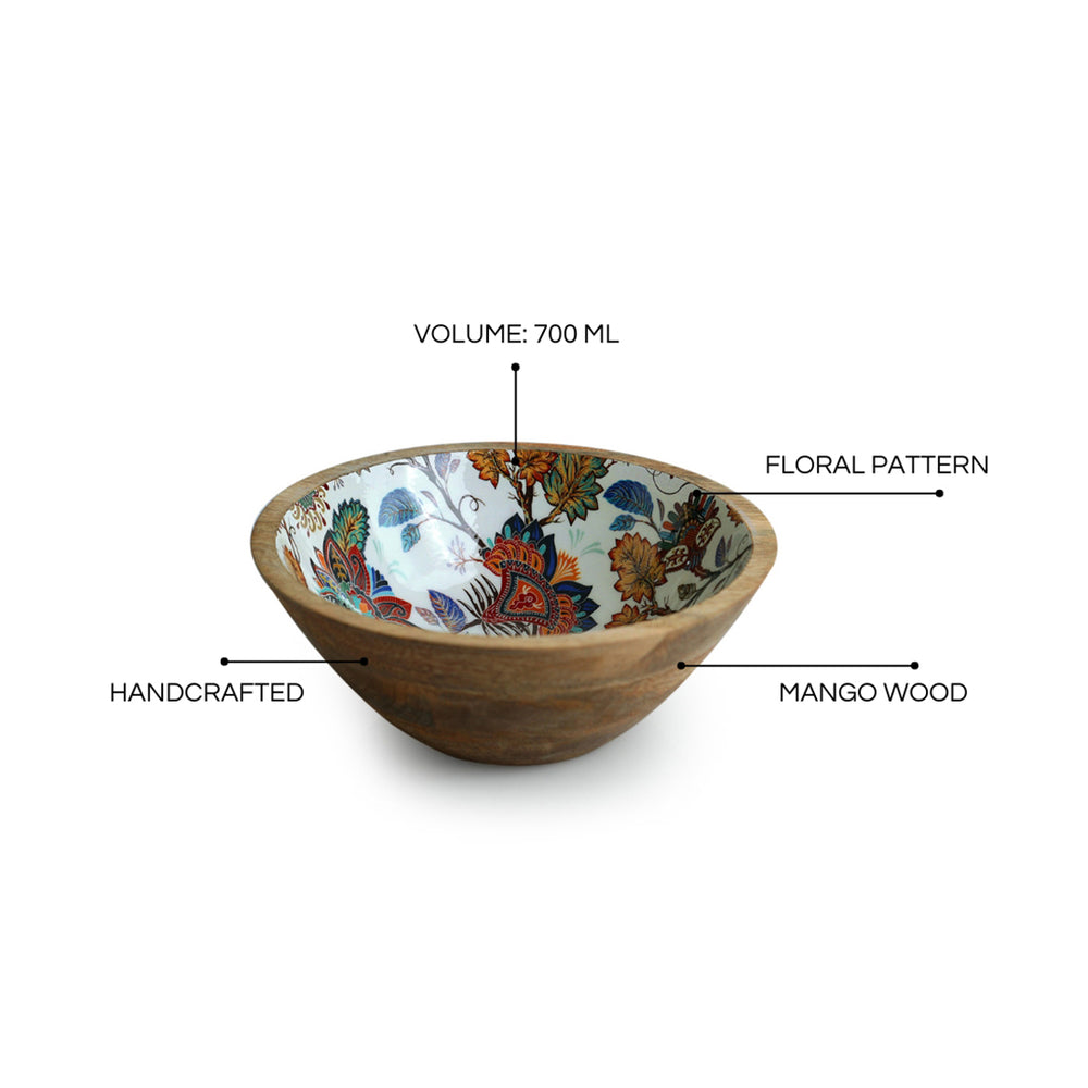 Floral Chronicles' Handenamelled Serving Salad Bowl (7.8 Inches, 700 ml, Mango Wood, Handcrafted)